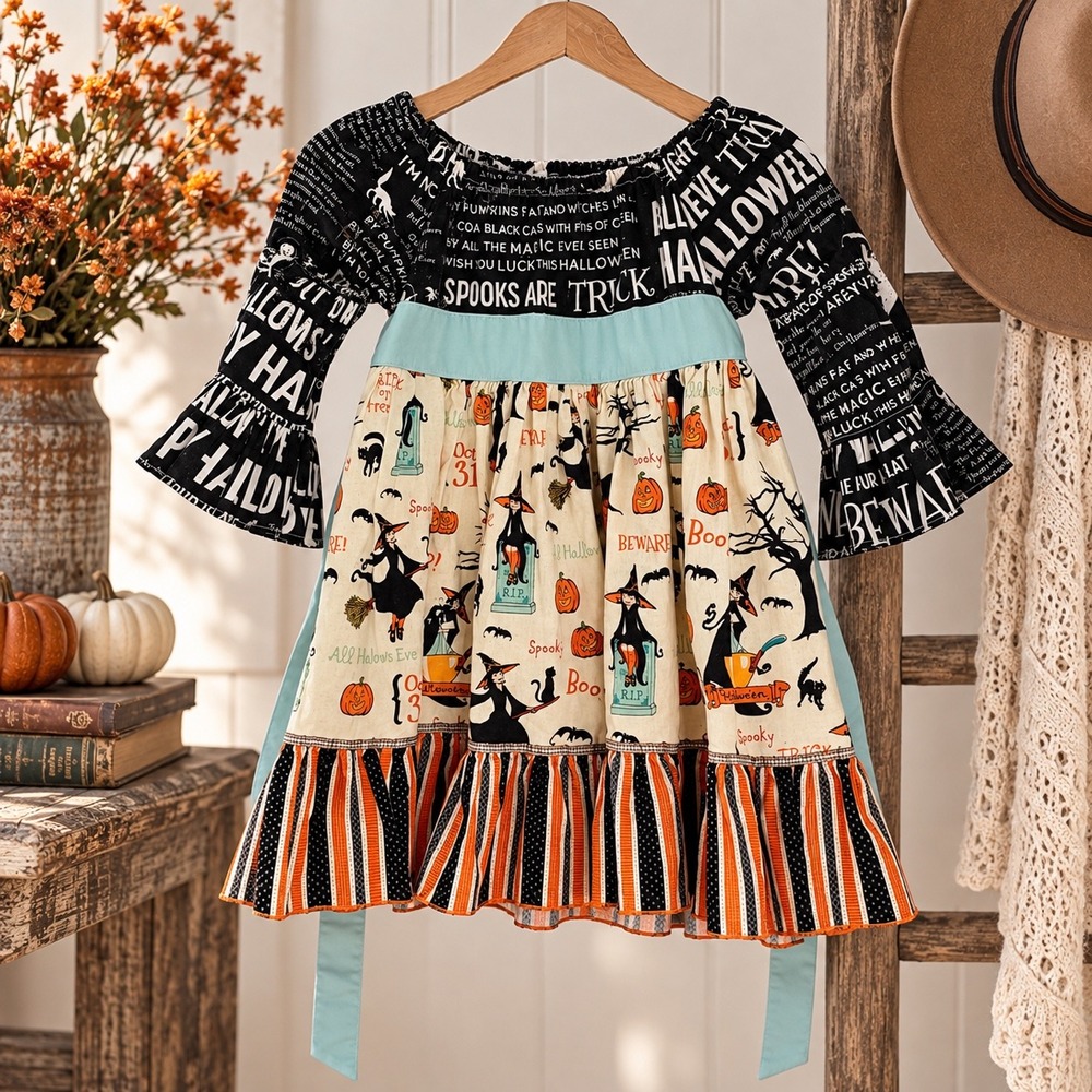 JK Heirloom Kids Halloween Witch Pumpkin Bell Sleeve Ruffle Dress Size 6 USA